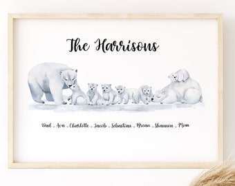 Polar bear Family Wall Art, Custom Family Print, New Family Portrait, Personalized Family Gifts, Parents and Kids Name Wall Decor Unframed