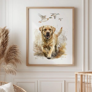 Impressão de arte de labrador, arte de parede de caça ao pato, decoração de quarto infantil de caça, impressão de parede para quarto de meninos, impressão de cão de caça, decoração de berçário de cachorro, caça