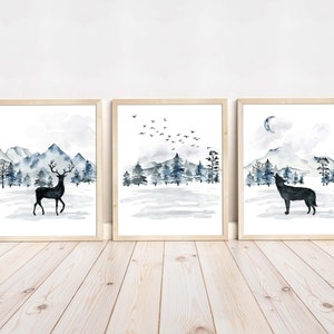 Bos kunst aan de muur, bosrijke inrichting kinderkamer, muurprints voor jongenskamer, bosdieren print, pijnbomen kinderkamer prints set van 3, wolf print
