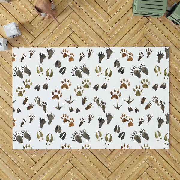 Animal tracks rug, Woodland rug anti-slip backing, Forest nursery, Forest animals footprints carpet, Woodland kids playroom rug, Hunting FoF