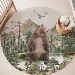 Bear rug, Woodland rug, Forest nursery decor, Forest circle rug, Into de wood, Woodland nursery decor, Area rug for boys room, Rustic Rug