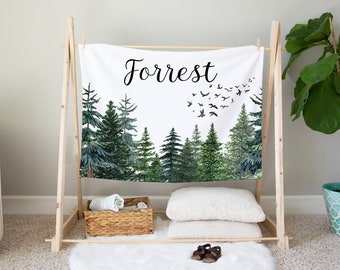 Custom Name Blanket, Forest Blanket, Gender Neutral Baby Gift, Woodland Bedding, Wilderness Nursery, Pine Trees, Cabin Blanket - Thf