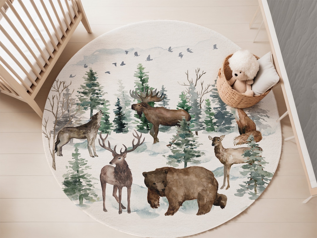 Woodland Animals Rug, Forest Round Rug, Woodland Nursery Decor, Rustic