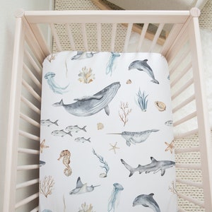 Ocean Crib Sheet, Under The Sea Nursery Bedding, Whale Crib Bedding, Sea Crib Sheet, Ocean Baby Gift, Baby Boy Fitted Crib Sheet -Deep Ocean