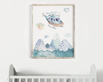 Helicopter Wall Art, Mountains Nursery Print, Decoración de vivero de aviones, Wall Prints for Boys Room - DESCARGA DIGITAL - Up in the Sky