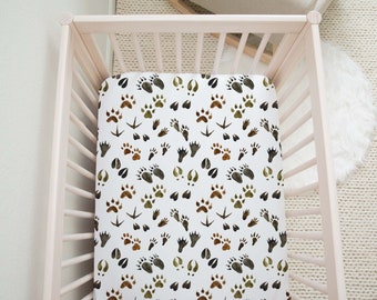 Animal Tracks Crib Sheet, Woodland Nursery Decor, Rustic Boy Nursery, Woodland Crib Bedding, Forest Crib Sheet, Forest Nursery Decor - Fof