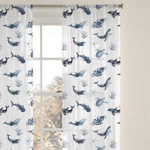 Under The Sea Sheer Curtain, Single Panel, Ocean animals nursery, Baby Sea nursery curtains, kids room or playroom curtains