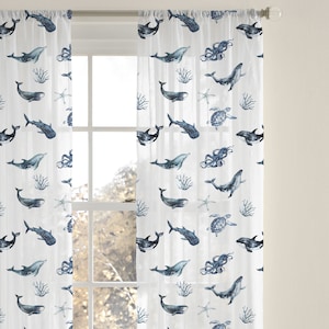 Under The Sea Sheer Curtain, Single Panel, Ocean animals nursery, Baby Sea nursery curtains, kids room or playroom curtains