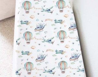 Airplane Changing Pad Cover, Helicopter Changing Pad Cover, Airplane Nursery Bedding, Diaper Changing Pad Cover, Newborn Gift- Up in the Sky