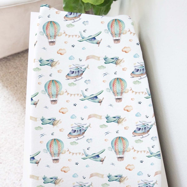 Airplane Changing Pad Cover, Helicopter Changing Pad Cover, Airplane Nursery Bedding, Diaper Changing Pad Cover, Newborn Gift- Up in the Sky