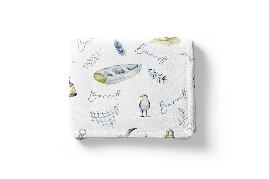 Personalized Nautical Blanket, Sea Crib Bedding, Coastal Nursery, Boat