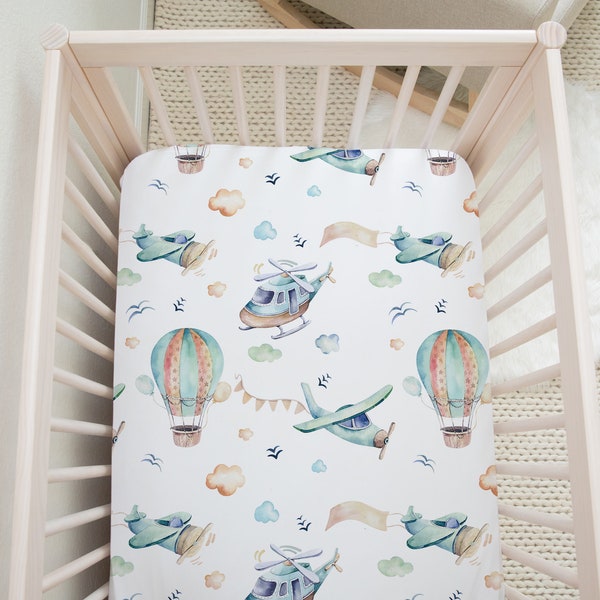 Airplane Crib Sheet, Helicopter Crib Bedding, Boy Minky Crib Sheet, Aviation Crib Sheets, Airplane Nursery Bedding - Up In The Sky