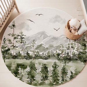 Mountains rug, Pine tree and mountains round rug, Forest nursery decor, Woodland nursery, Rug for kids Area rug for boys room, Into the wood