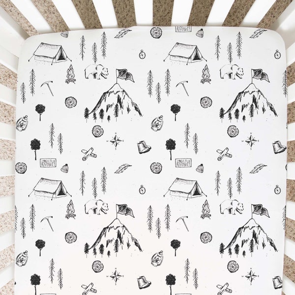 Camping Crib Bedding, Adventure Nursery Bedding, Outdoors Crib Sheet, Camping Baby Room, Woodland Nursery, Black and White Little adventurer