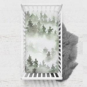 Forest crib bedding, Pine Trees Minky Crib Sheet, Green Woodland crib bedding, Watercolor crib sheet, Wilderness nursery  - Little Woodland