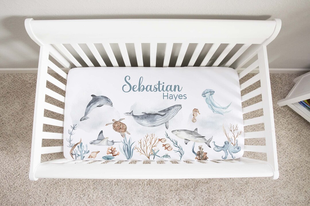 Under the Sea Crib Sheet, Personalized Ocean Animals Crib Sheet, Sea Nursery, Whale Crib Bedding