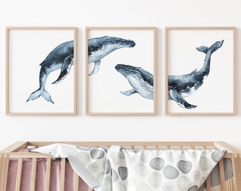 Humpback Whale Print, Whale wall Art, Under the Sea, Sea Animals Print, Ocean Nursery Decor, Whale art prints Set of 3 - DIGITAL DOWNLOAD