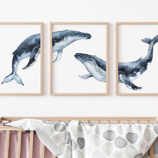 Humpback Whale Print, Whale wall Art, Under the Sea, Sea Animals Print, Ocean Nursery Decor, Whale art prints Set of 3 - DIGITAL DOWNLOAD