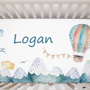 Personalized Hot Air Balloon Crib Sheet, Adventure Nursery Bedding, Hot Air Balloon Nursery, Mountain Crib Sheet, Newborn Gift Up In The Sky