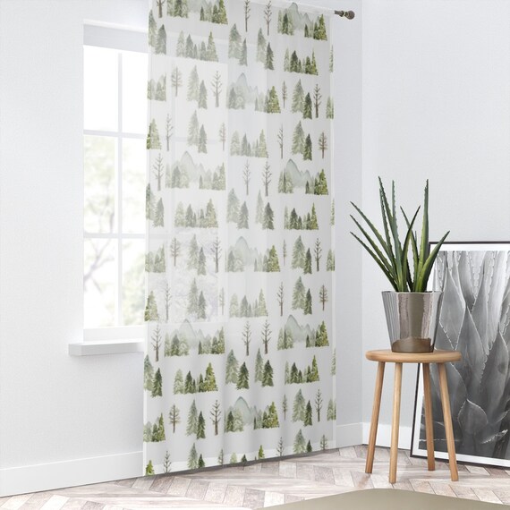 Pine Tree Mountains Sheer Curtain, Wildlife Curtain, Forest nursery