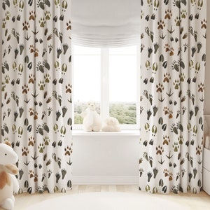 Animal tracks room darkening curtain, Woodland curtain single panel, Woodland nursery decor, Kids room curtains, Forest animals curtain FOF