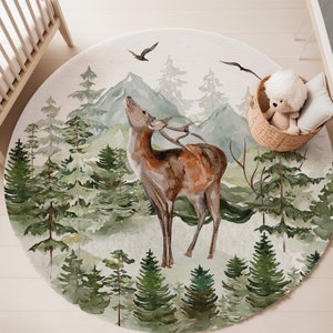 Deer rug, Woodland nursery, Deer nursery decor, Forest rug, Pine trees and mountains rug, Rustic kids playroom rug, Area rug for boys room