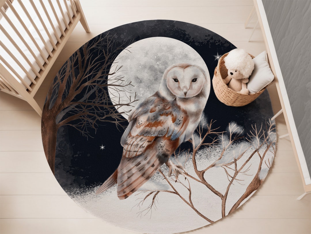 Owl and Moon Rug, Moonlight Owl Rug, Watercolor Owl Round Rug, Bird Rug ...