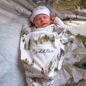 Forest Swaddle Set, Newborn hospital swaddle set boy, Mountains swaddle blanket with hat, Woodland swaddle, Tree swaddle blanket- WiG