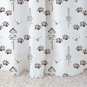 Woodland curtains, Bear tracks and pine trees curtain single panel, Baby boy nursery bedding, Wilderness nursery, Forest baby nursery - FoM