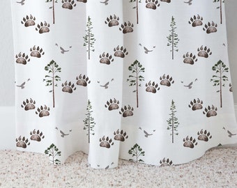 Woodland curtains, Bear tracks and pine trees curtain single panel, Baby boy nursery bedding, Wilderness nursery, Forest baby nursery - FoM
