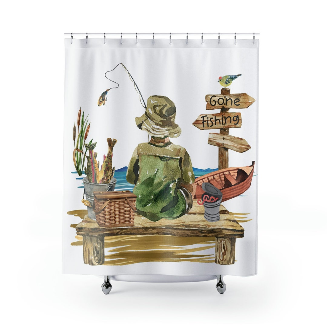 Fishing Shower Curtain, Little Fisherman Curtain, Fishing Bathroom