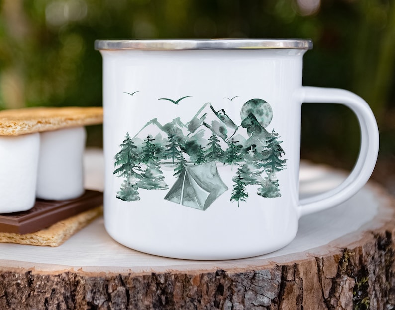 Mountains and trees Enamel Camping Mug, Outdoor Coffee cup, Watercolor Forest Mug, Nature trees mug, Camp mug, Hiker camp mug. Wildlife mug 画像 1