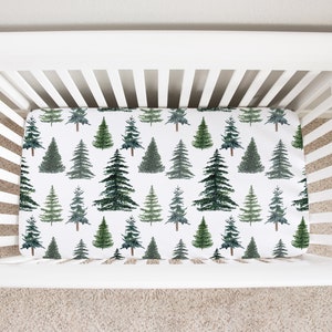 Woodland Tree Crib Sheet, Woodland Crib Bedding, Pine Trees Minky Crib Sheet, Forest Crib Sheets, Woodland Baby Boy Nursery ThF image 1