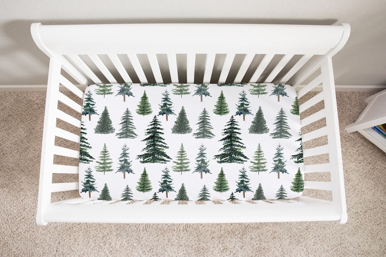 Woodland Tree Crib Sheet, Woodland Crib Bedding, Pine Trees Minky Crib Sheet, Forest Crib Sheets, Woodland Baby Boy Nursery ThF image 1