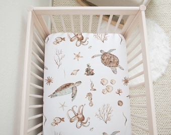 Under The Sea Crib Sheet, Earth Tones, Ocean Nursery Bedding, Turtles Crib Sheet, Ocean Baby Gift, Baby Boy Fitted Crib Sheet - Deep Ocean