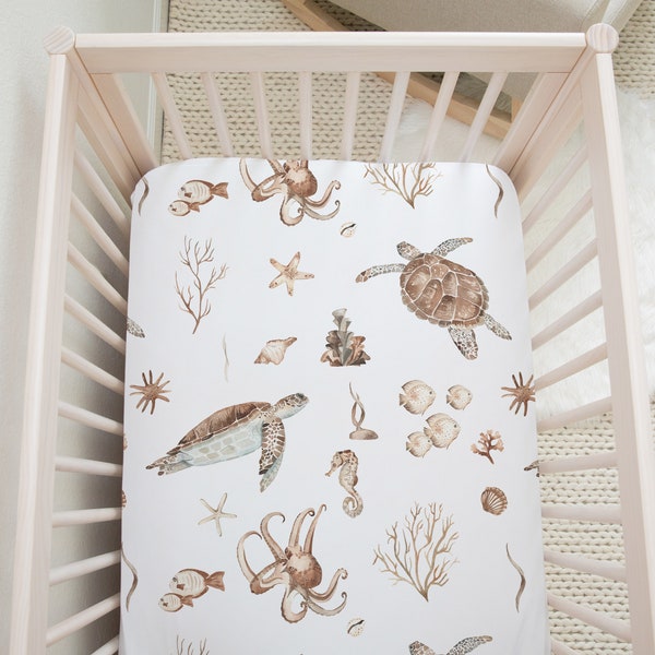 Under The Sea Crib Sheet, Earth Tones, Ocean Nursery Bedding, Turtles Crib Sheet, Ocean Baby Gift, Baby Boy Fitted Crib Sheet - Deep Ocean