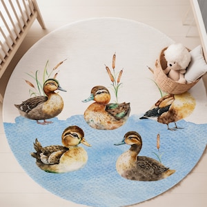 Duck nursery rug, Duck nursery decor, Ducks round rug, Kids play room rug, Area rug for boys room, Waterfowl rug, Waterfowl nursery - LiD