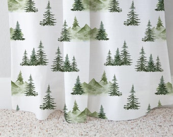 Pine Tree and Mountains Curtain,  Wildlife Curtain, Forest animals nursery, Woodland baby room, Wilderness nursery, Single Panel - EnG