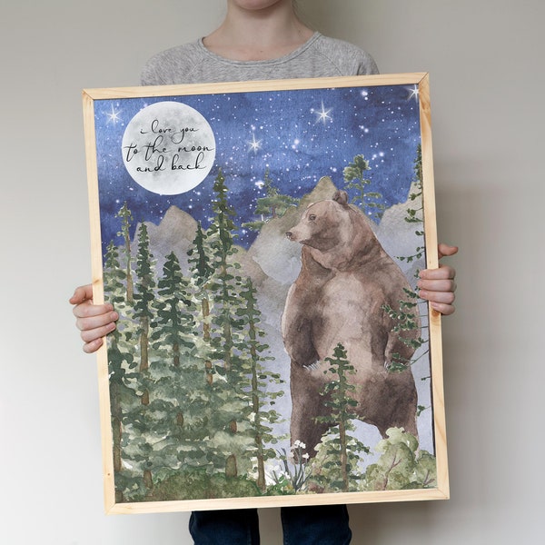 I love you to the moon and Back print, Woodland nursery decor boy, Night forest art, Bear and Pine Trees wall art - DIGITAL DOWNLOAD - FoM