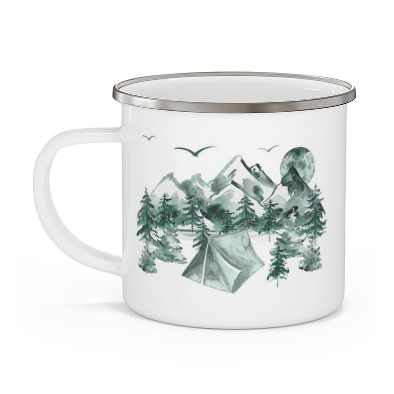 Mountains and trees Enamel Camping Mug, Outdoor Coffee cup, Watercolor Forest Mug, Nature trees mug, Camp mug, Hiker camp mug. Wildlife mug 画像 3