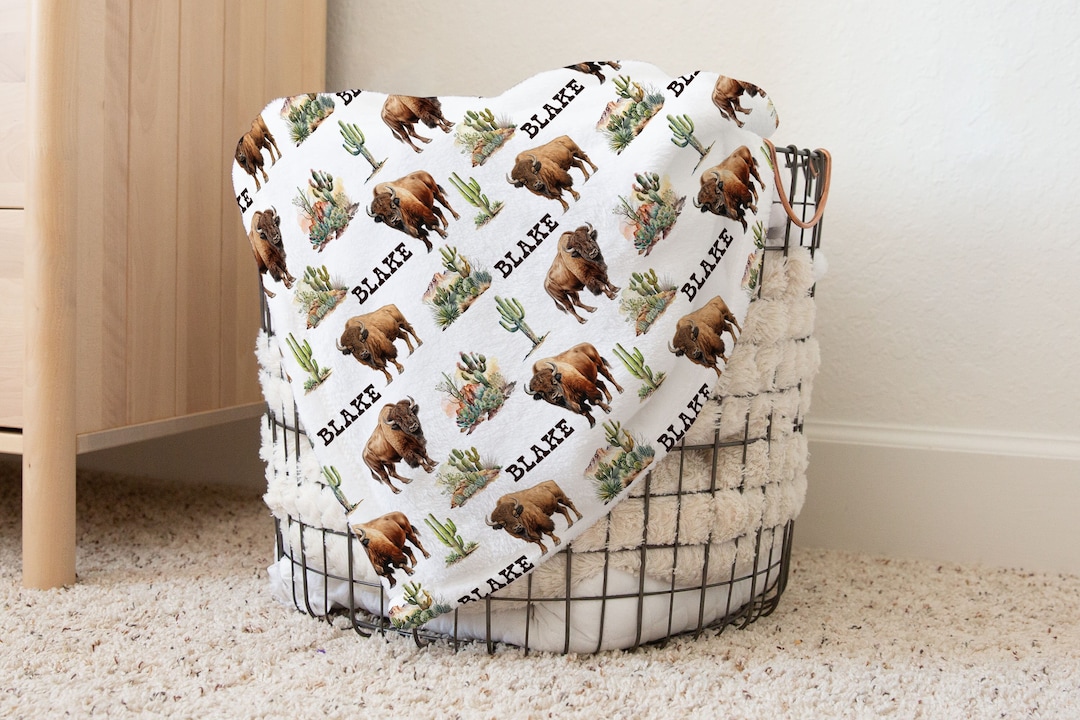 Personalized Bison Blanket, Buffalo Baby Blanket, Cactus Nursery