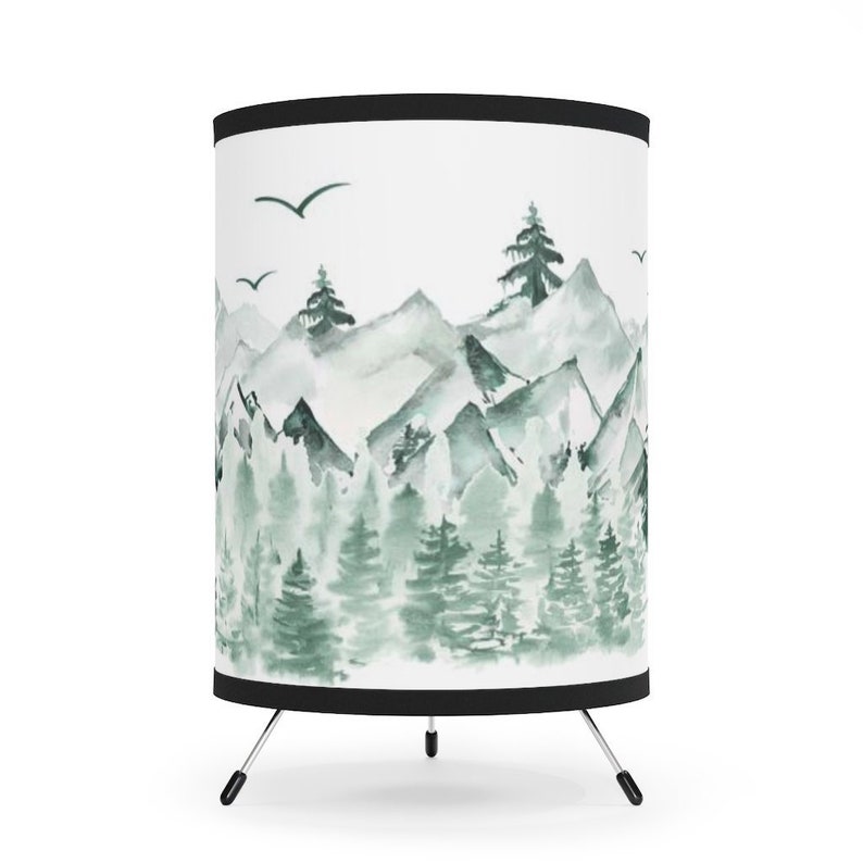 Pine Tree and Mountains Table Lamp, Forest nursery decor, Woodland baby room decor, Kids room lamps, Bedside lamp tripod, Boy nursery lamp image 1