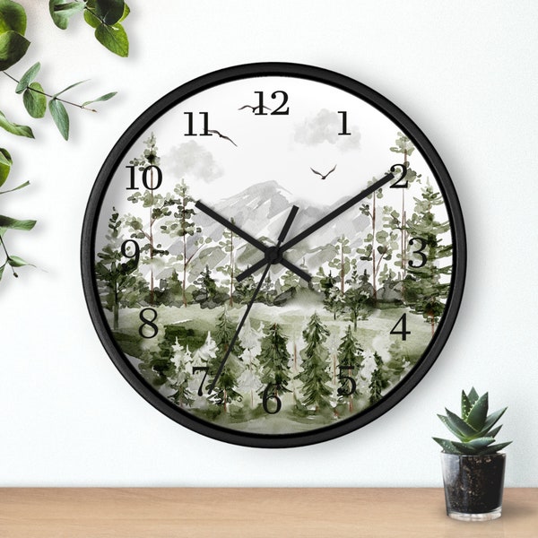 Pine trees and mountains Wall Clock, Forest clock, Kids wall clock, Woodland nursery decor, Silent wall clock, Into the wood