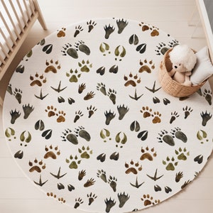 Animal tracks Rug, Woodland nursery decor, Forest round rug, Kids play room, Area rug for boys room, Into the wood nursery, Rustic rug - FoF