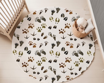 Animal tracks Rug, Woodland nursery decor, Forest round rug, Kids play room, Area rug for boys room, Into the wood nursery, Rustic rug - FoF