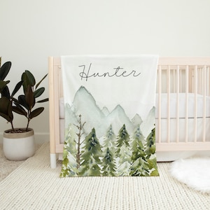 Custom Forest Baby Blanket, Pine Trees Mountains Minky Blanket, Forest Blanket, Wilderness Nursery, Woodland Bedding, Nature Baby Gift- Wig