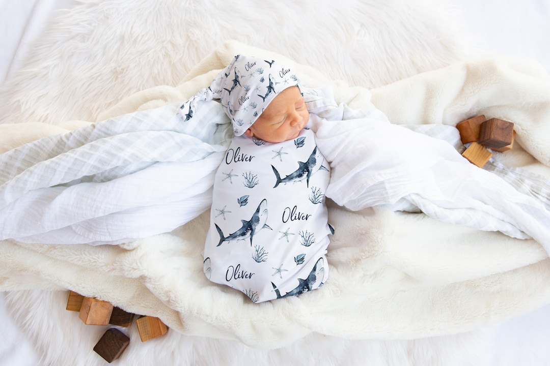 Personalized Shark Swaddle Set, Newborn Hospital Swaddle Set Boy, Under
