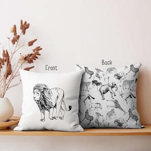 Lion Pillowcase, Safari pillow, Safari animals, Jungle nursery decor, Safari pillow cover, Safari nursery,  Black and white Lion pillow, BlA