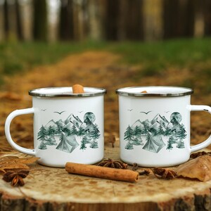 Mountains and trees Enamel Camping Mug, Outdoor Coffee cup, Watercolor Forest Mug, Nature trees mug, Camp mug, Hiker camp mug. Wildlife mug 画像 5
