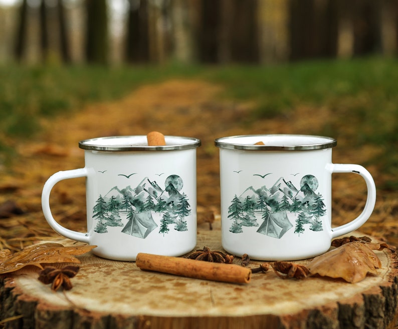 Mountains and trees Enamel Camping Mug, Outdoor Coffee cup, Watercolor Forest Mug, Nature trees mug, Camp mug, Hiker camp mug. Wildlife mug 画像 5